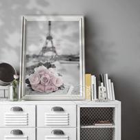 France Paris Pink Rose And Tower Landscape Art Poster, Paris City Art Print, Cityscape Wall Picture Retro Home Living Room Decor No Frame 21*30cm No Frame