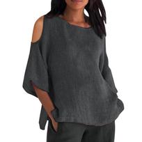 Women's Fashionable Seven Quarter Sleeved Round Neck Solid Color Off Shoulder Loose Casual Shirt Top L