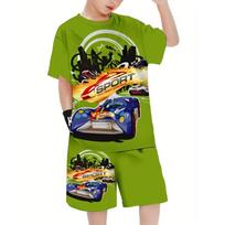 Youngsters' Vibrant Cartoon Race Car Graphic Tee Shorts Machine Washable Perfect For Spring/Summer/Fall Perfect Set 100CM