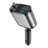 4 viename automobilinis įkroviklis 120W itin greitas įkrovimas PD 3.0 su LED ekranu laidu maitinimo adapteris skirtas IPhone 16 15 14 13 Pro Xiaomi Samsung juoda