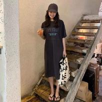 Dress Women Summer Loose Lazy Wind Slit Mid-length Over The Knee Casual Short-sleeved T-shirt Dress M tamsiai pilka spalva