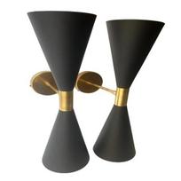 Mid-Century Modern Italian Diabolo Sconce Pair Black Brass Double Cone Wall Light Bedroom, Living Room, or Hallway Elegant MCM Lighting