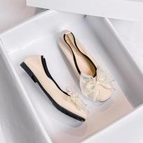Ballet Flats Classic Shoes Women Basic Leather Two Color Splice Bow Round Ballet Shoe Fashion Flats Women Shoes 35 abrikosas