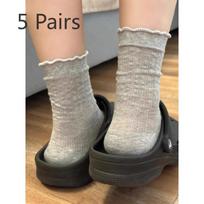 5 Pairs of Women's Summer Thin Ballet Style Wooden Ear Side Solid Color Mesh Hollow Tube Socks 5 Pairs pilka spalva