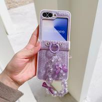 Bowknot Glitter Pearl PU Leather Wrist Strap Phone Case for Samsung Galaxy Z Flip 6 5 4 3 Hinge Protection Shockproof Cover For Samsung Galaxy Z Flip 3