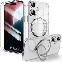Case + 2 Tempered Glasses for iPhone 16 Plus - Protection with Magnetic Ring and Silver Edge