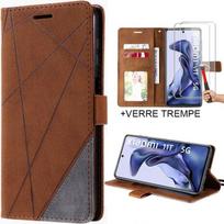 Case + 2 Tempered Glasses for Xiaomi 11T - 11T Pro, Leather Effect Case with Stripe Pattern - Brown