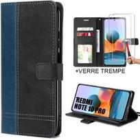 Wallet case - E.F.CONNECTION - for Redmi Note 10 Pro - Navy blue-black leather effect - 2 tempered glasses included