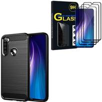 Coque Silicone Souple - Xiaomi - Redmi Note 8 - Fibre de Carbone Brossé - 3 Films Verre Trempé - Noir