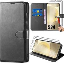Case - Efconnection - for Samsung Galaxy S24 - Shockproof Protection - Black Leather Effect - 2 Tempered Glasses