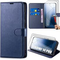 Case for Xiaomi 14 Pro - Navy Blue - Shockproof Wallet Case - PU Leather - Stand - 2 Tempered Glasses