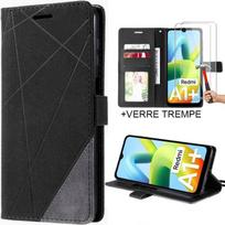 Smartphone Case - E.F.CONNECTION - For Xiaomi Redmi A1+/A2+ - Black - Leather Effect - 2 Tempered Glasses