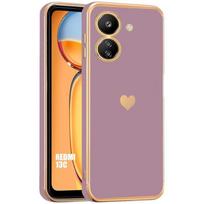Case - E.F.CONNECTION - For Xiaomi Redmi 13C - Shockproof - Liquid Silicone - Golden Heart Pattern - Purple