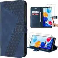 Coque pour Xiaomi Redmi Note 11-Note 11S avec 2 Verres Trempés, Bleu Marine, Etui Folio à Motif Cube Effet Cuir avec Support
