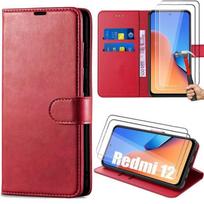 Coque - E.F.Connection - pour Xiaomi Redmi 12/5G - Antichoc - Effet Cuir Rouge - 2 Verres Trempés