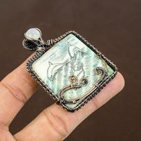 Fish Carving Mother Of Pearl Copper Wire Wrap Pendant 2.36  V1E82