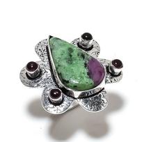 Ruby in Zoisite, Amethyst  Handmade Ethnic 925 Silver Ring Size 8.5 A0w86