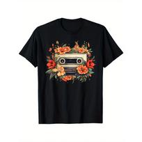 Men's Vintage Cassette Player Graphic Tee - 100% Cotton, Floral Design, Relaxed Fit - Perfect T-Shirt for Music Lovers M juoda