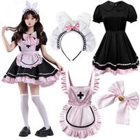 Japoniška Lolitos juoda ir rožinė tarnaitės suknelė su mielu katės kaspinu M gray