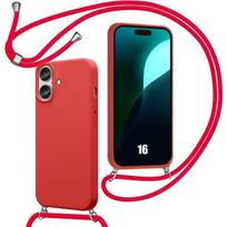 Case with Lanyard - for iPhone 16 - Red Silicone - Flexible Protection - Non-Slip Matte Finish - Unisex raudona