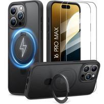 Protective Case - Black - for iPhone 16 Pro Max - Shockproof - Rotating Magnetic Stand - Tempered Glass juoda