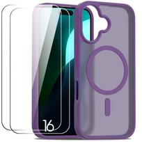 Case + 2 Tempered Glasses for iPhone 16, Protection with Magnetic Ring, Shockproof Silicone and PC Dark Purple violetinė