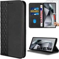 Case with 2 Tempered Glass for Samsung Galaxy S24 Ultra, Magnetic Protection Black PU Leather Mosaic Pattern juoda