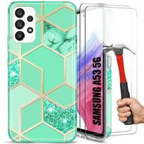 Protective Case - BOOLING - for Samsung Galaxy A53 5G - Turquoise Marble Pattern - 2 Free Tempered Glasses - Shockproof turkis