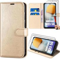Case + 2 Tempered Glasses for Samsung Galaxy M23 5G, Golden Leather Effect Case with Magnetic Closure