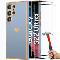 Case for Samsung Galaxy S22 Ultra - Blue - in Silicone, Plated Love Pattern, Shockproof Protection + 2 Tempered Glasses