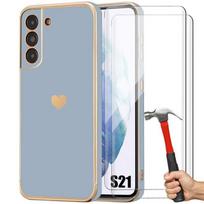 Case - Booling - for Samsung Galaxy S21 - TPU - Shockproof Protection - Golden Heart Pattern - 2 Tempered Glasses mėlyna