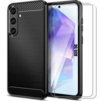 Case for Samsung Galaxy A55 5G - Black - 2 Tempered Glasses - Carbon Fiber Protection - Drop Resistant juoda