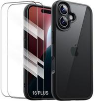 Case + 2 Tempered Glasses for iPhone 16 Plus - Black Rigid Shockproof Case with Translucent Back