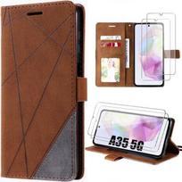 Protective case - Booling - for Samsung Galaxy A35 5G - Brown - PU Leather - 2 Tempered Glasses ruda