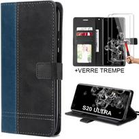 Case for Samsung Galaxy S20 Ultra + 2 Tempered Glasses, Shockproof Leather Effect Navy Blue mėlyna