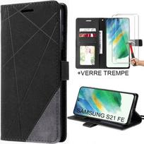 Protective Case - BOOLING - for Samsung Galaxy S21 FE - Black Leather Effect - 2 Tempered Glasses - Integrated Stand juoda