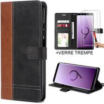 Case + 2 Tempered Glasses for Samsung S9 - Two-Tone Black-Brown Leather Effect Case ruda