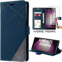 Pack of 2 Tempered Glass with Case for Samsung S23 Ultra - PU Leather Flip Case Navy Blue