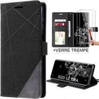 Case + 2 Tempered Glasses for Samsung Galaxy S20 Ultra - Black Leather Effect Case