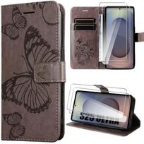 Protective Case - BOOLING - for Samsung Galaxy S25 Ultra - Brown Synthetic Leather - Butterfly Pattern - 2 Tempered Glasses ruda