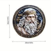 2d flat 20*20cm Zeus-Inspired Round Wooden Wall Art - Regal God of Thunder Design with Ornate Golden & Black Frame, Home, Office Decor 20x20cm