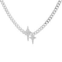 Bright Double Star Necklace Tide Street Personality Hip Hop Tetragonal Star Chain Collarbone Chain Bronze (White Gold)