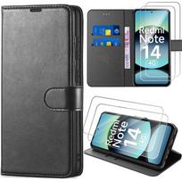 Case + 2 Tempered Glass for Xiaomi Redmi Note 14 4G (not for 5G) Anti-Scratch Protection Synthetic Leather - Black