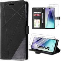 Case and 2 Tempered Glasses for Xiaomi Redmi 14C - Leather Effect Anti-Scratch Shockproof 360° Protection - Black