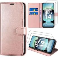 Case and 2 Tempered Glasses for Xiaomi Redmi Note 14 4G (not for 5G) Shockproof Flip Case Synthetic Leather Pink