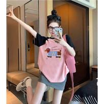 Loose Large Color-blocked Rotator Sleeve Rag-sleeved Short-sleeved T-shirt for Women In Spring and Summer Korean Style Design Top S