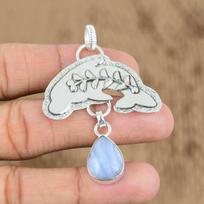Womens day Deal 925 Sterling Silver Blue Lace Agate Gemstone Fish Mother Pendant