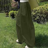 Women's Summer Baggy Pants Casual Solid Elastic Waist Wide Leg Loose Trousers With Pockets L armijos žalia spalva