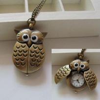 Vintage Bronze Retro Slide Smart Owl Pendant Long Chain Necklace Pocket Watch AVE