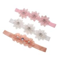 Chiffon Flower Baby Headband with Elastic and Pearls Three White Flowers
